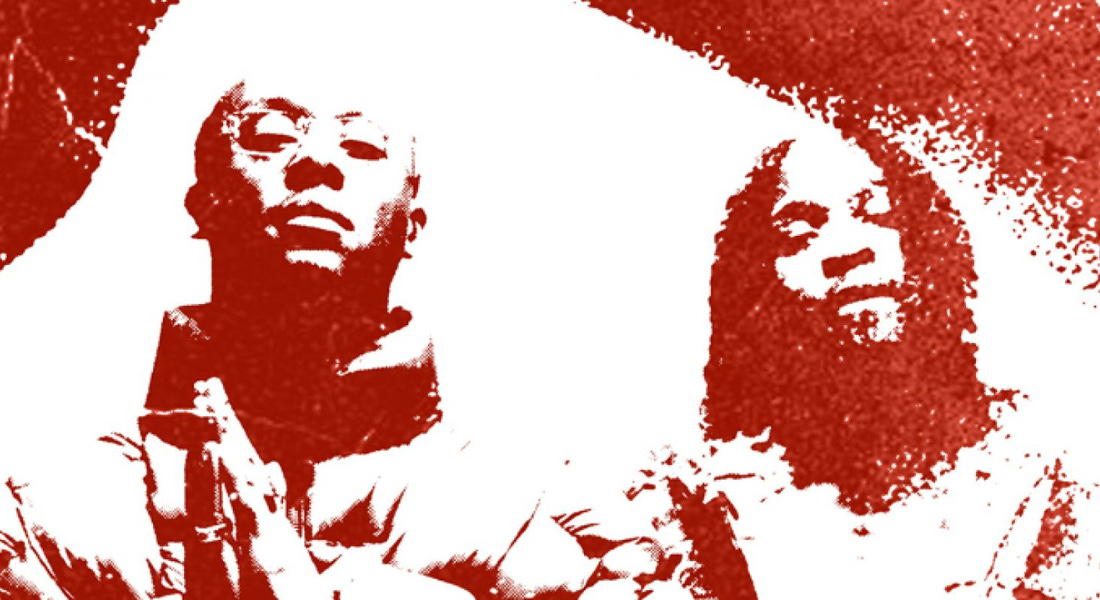Young T & Bugsey standing next to each other wearing coats, with the picture edited so everything is white and red Young T & Bugsey standing next to each other wearing coats, with the picture edited so everything is white and red