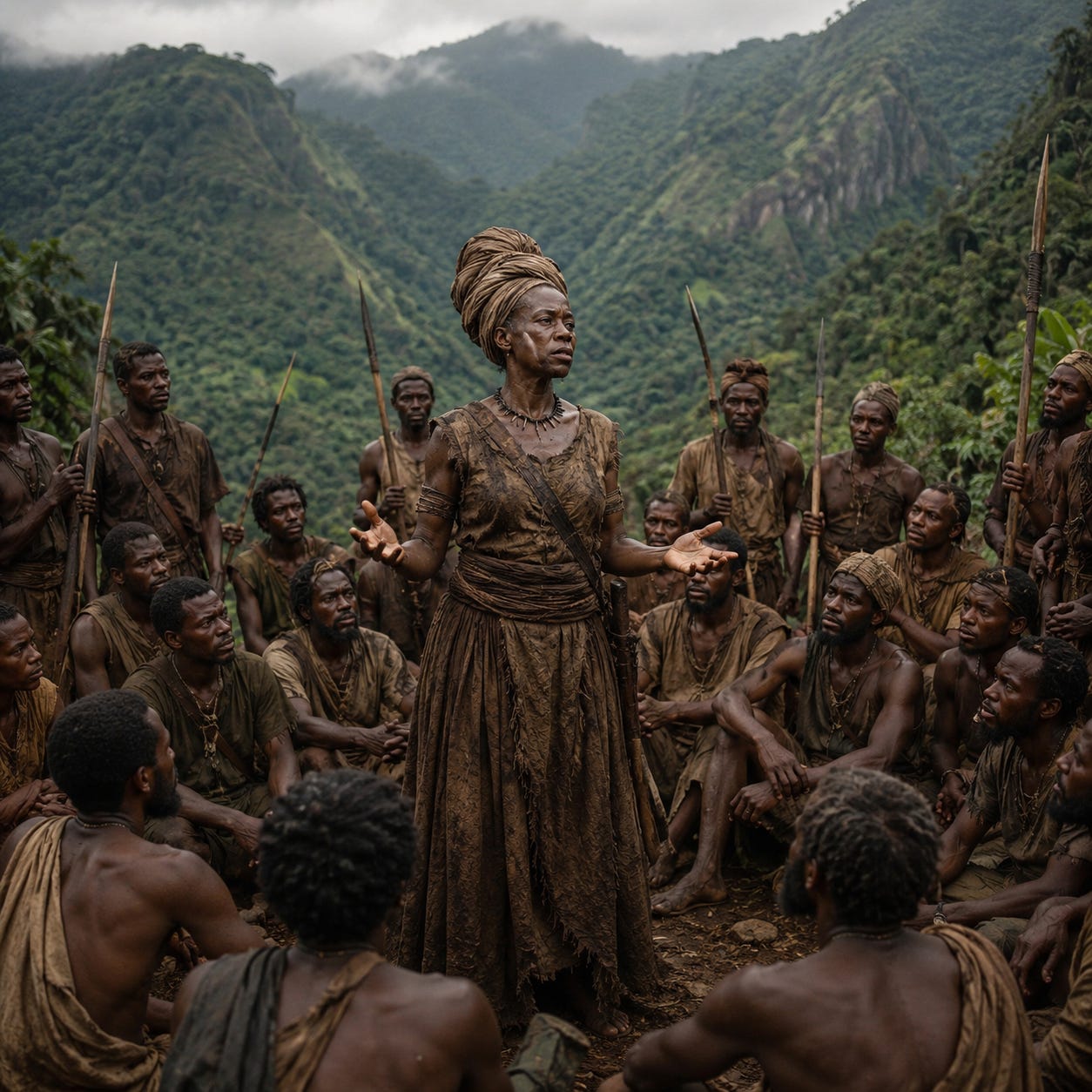 Generated cinematic reconstruction of Queen Nanny of the Maroons addressing her fighters in the mountains of Jamaica during the era of Maroon resistance against British colonial rule.