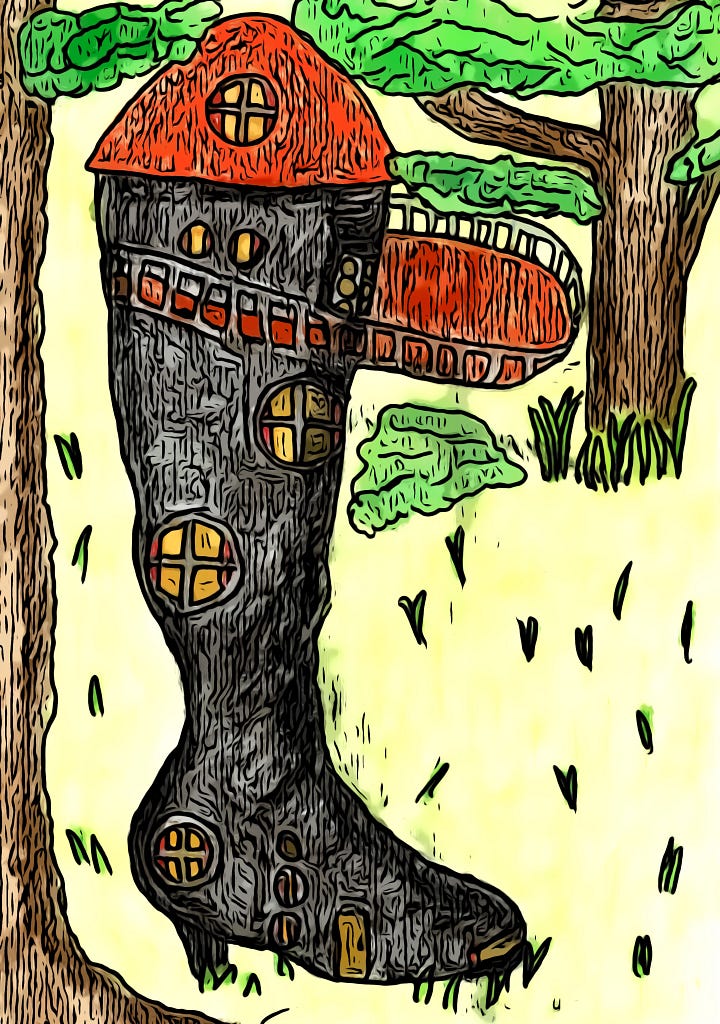 A house made within a knee-high boot within a forest