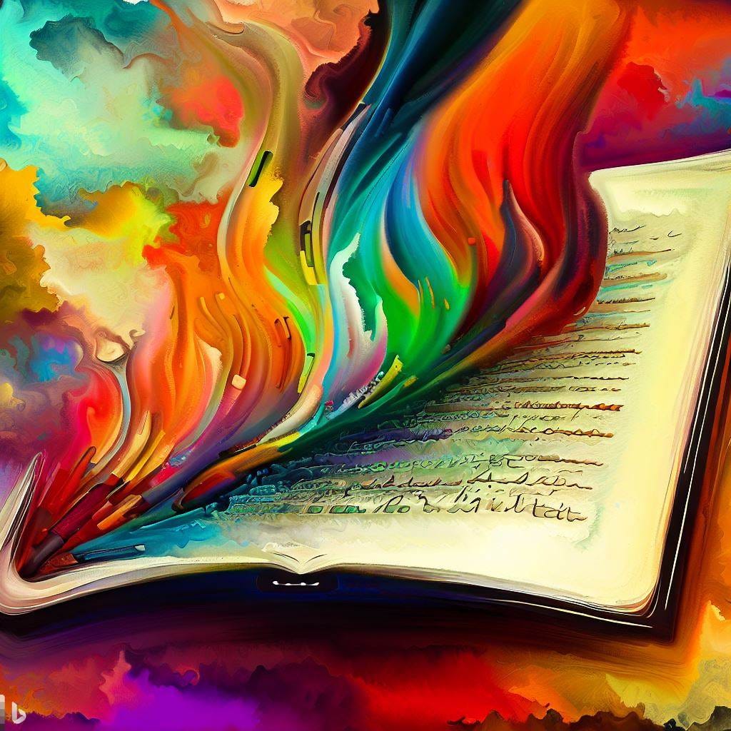 Colorful painting of a book transforming. Colorful painting of a book transforming.