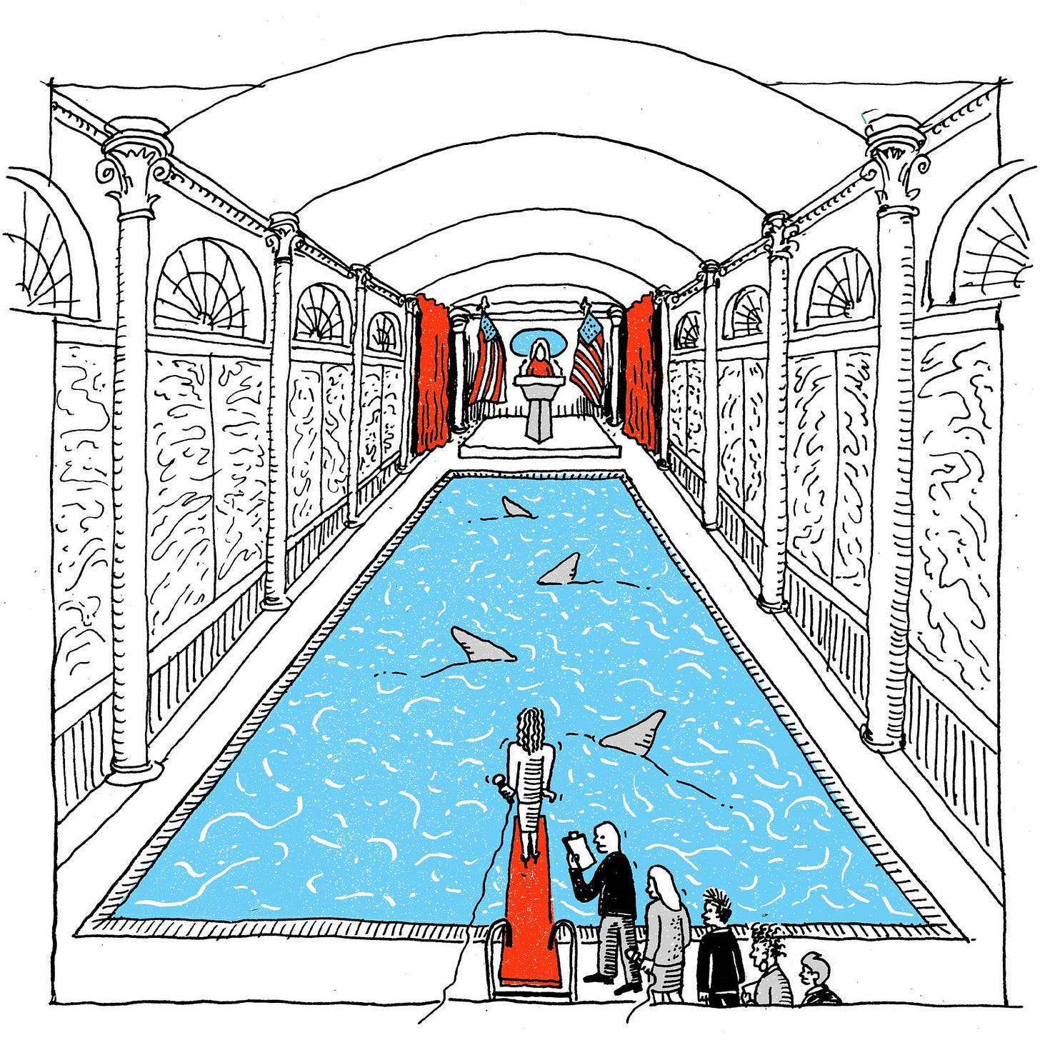 The press briefing room with a sharkfilled swimming pool.