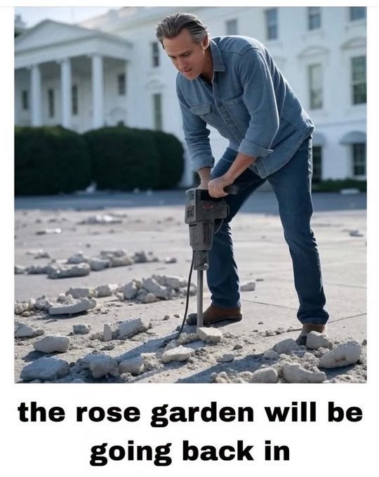 A man in a blue denim shirt and jeans uses a jackhammer on a paved area with scattered rubble. The White House is visible in the background with its white columns and greenery. Text overlay reads "the rose garden will be going back in".