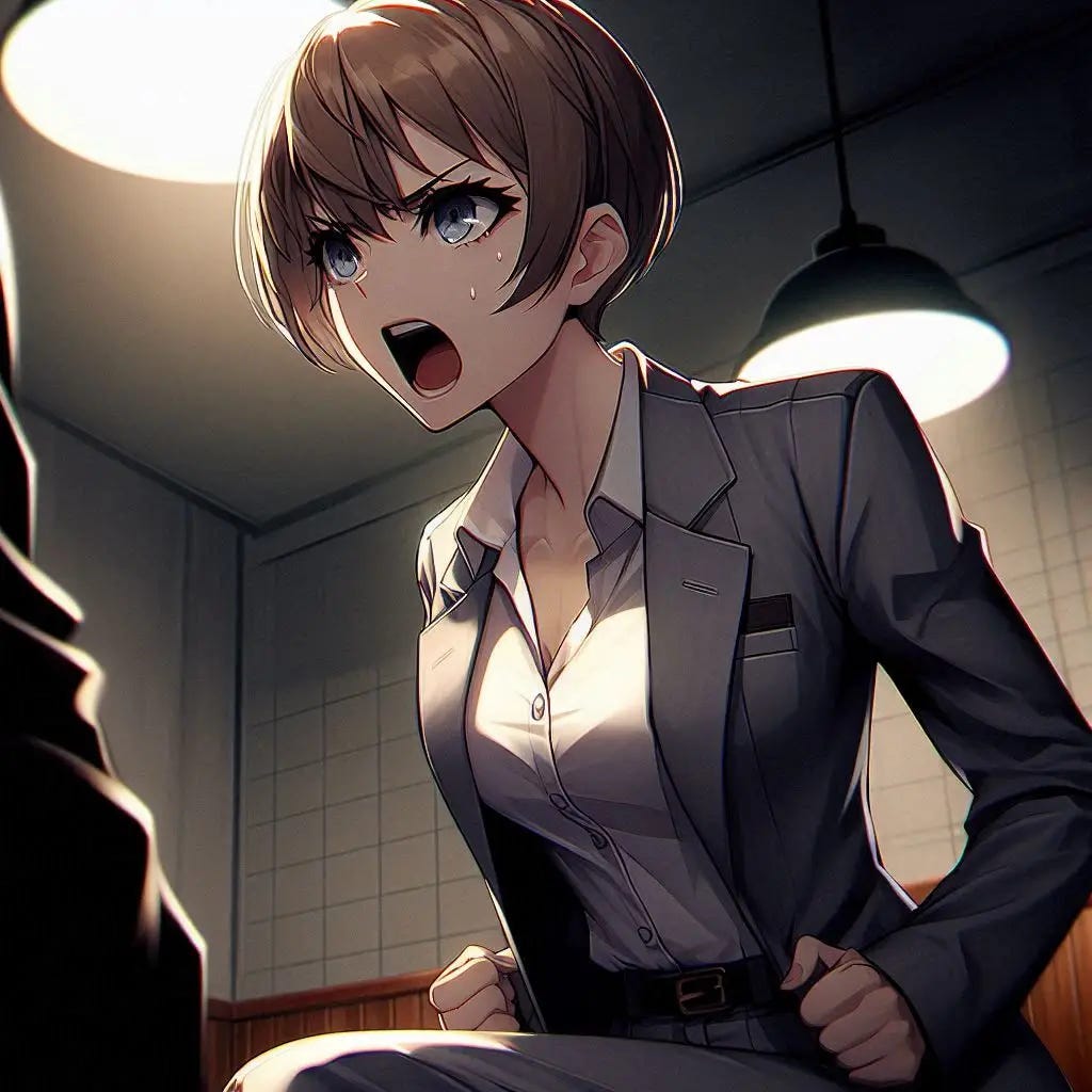 a young police woman with short blonde hair and wears a gray suit with a white button up shirt yelling at her suspect in an interrogation room. anime art style. dark. 
