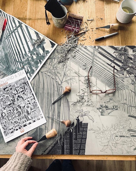 Process of creation 'Green House' Linocut Print