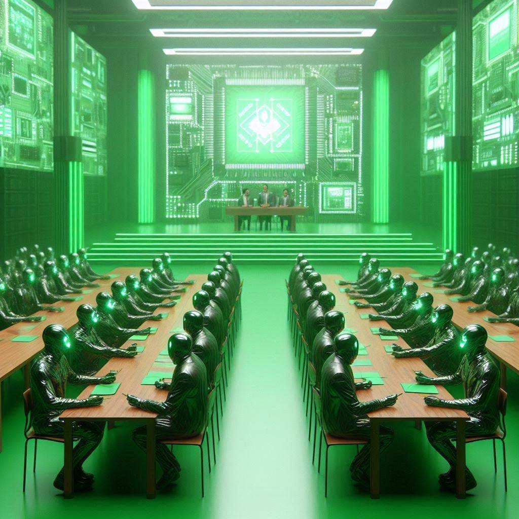 a dystopian semiconductor conference. Green theme