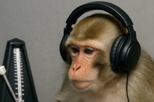 AI image on monkey wearing headphones and a metronome in the background.