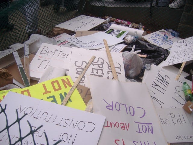 I wonder whether these signs will be recycled for future use at next year's 9-12 event or some other TEA Party. I wonder whether these signs will be recycled for future use at next year's 9-12 event or some other TEA Party.