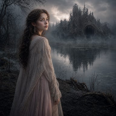 Arabelle with a younger, softer face and wide luminous eyes, standing at the edge of Berez with an expression of prophetic awareness—calm, distant, as though listening to something only she can hear—mist curling around her, chestnut waves, pale rose and ivory garments