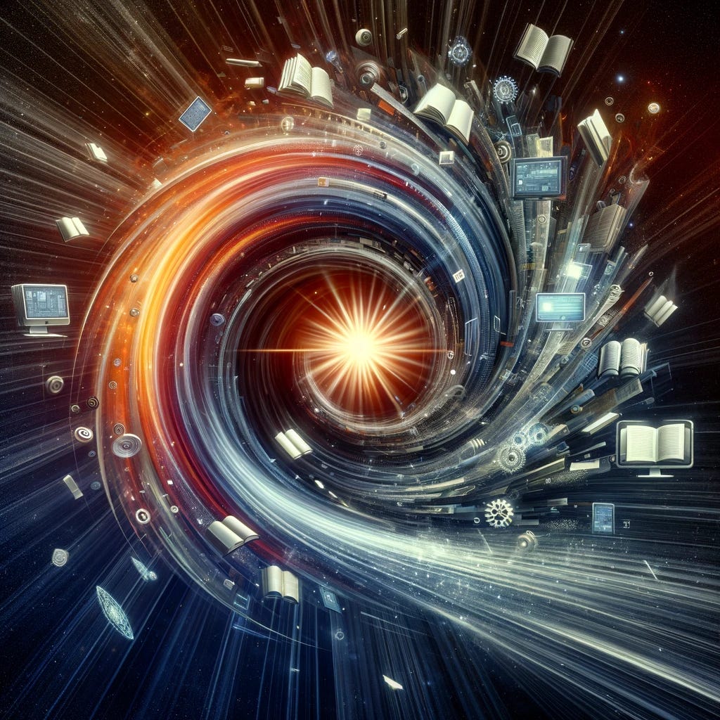 An abstract representation of the concept 'Velocity of Knowledge'. Visualize a swirling vortex of books, scientific journals, and digital screens, all converging towards a bright, glowing core. The core represents the accumulation and dissemination of knowledge, while the swirling items symbolize the dynamic flow and exchange of information. The background is a gradient from dark to light, symbolizing the progression from ignorance to enlightenment. An abstract representation of the concept 'Velocity of Knowledge'. Visualize a swirling vortex of books, scientific journals, and digital screens, all converging towards a bright, glowing core. The core represents the accumulation and dissemination of knowledge, while the swirling items symbolize the dynamic flow and exchange of information. The background is a gradient from dark to light, symbolizing the progression from ignorance to enlightenment.