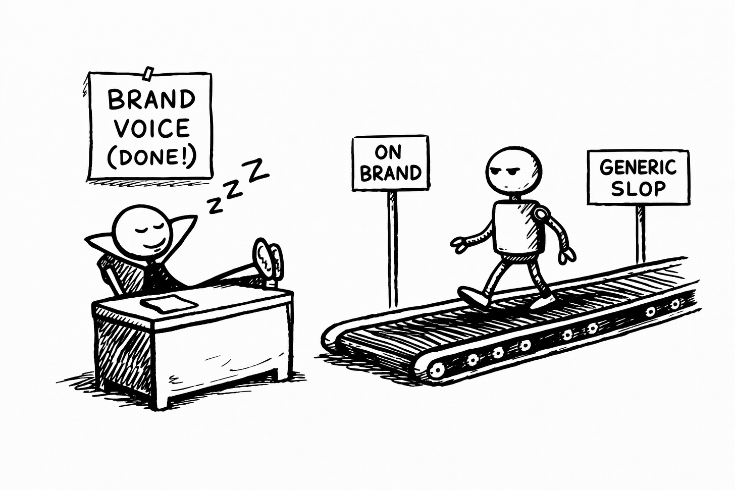 Stick figure sleeps at desk under a sign reading Brand Voice Done while a robot walks a conveyor belt from On Brand toward Generic Slop, illustrating how AI content drifts toward generic when brand voice documents are created once and never calibrated