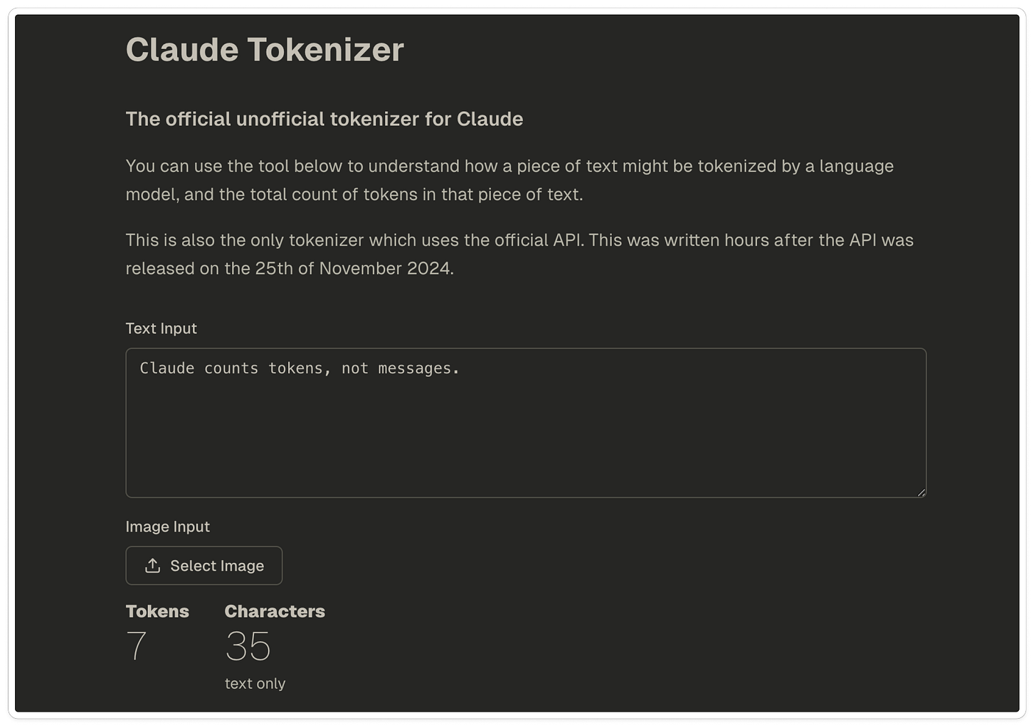 Claude Tokenizer tool showing the sentence "Claude counts tokens, not messages" measured at 7 tokens and 35 characters, demonstrating how token counting works.