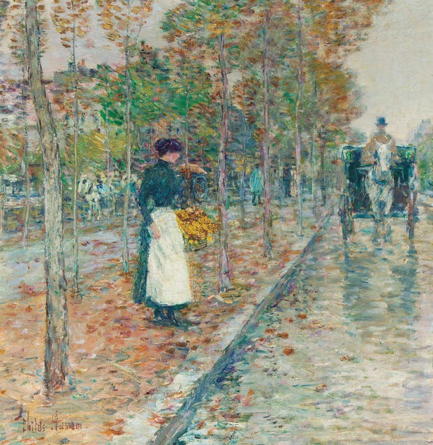 autumn paintings by famous artists Childe Hassam, Autumn Boulevard, Paris, autumn paintings created by famous artists 