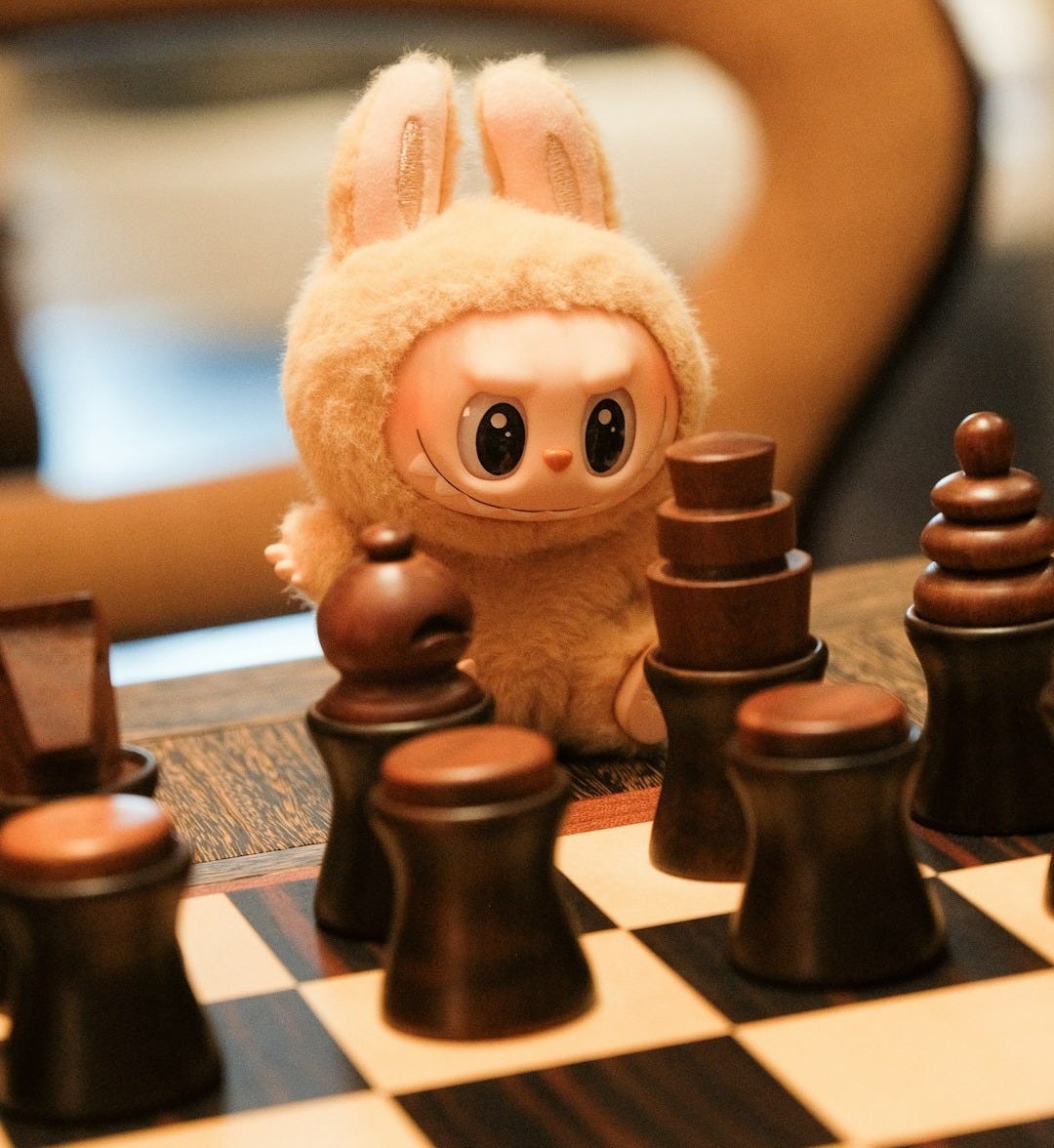 A rabbit toy watches a chess match. A rabbit toy watches a chess match.