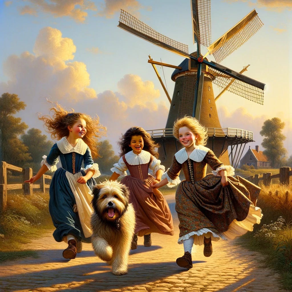Image generated with DALL-E 3 and depicting a painter in the Netherlands in the 17th century, in the style of an oil painting and depicts three small girls running around a windmill, with a dog accompanying them