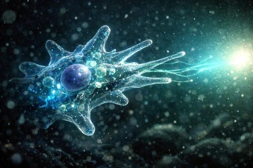 Close-up photograph of an amoeba with extended pseudopodia moving through water with subtle bioluminescent gradients indicating chemical signals