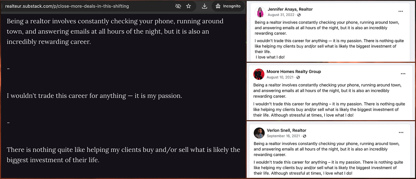 screenshots of the same text in a "Realtors @ Substack" post and three Facebook posts from three separate accounts