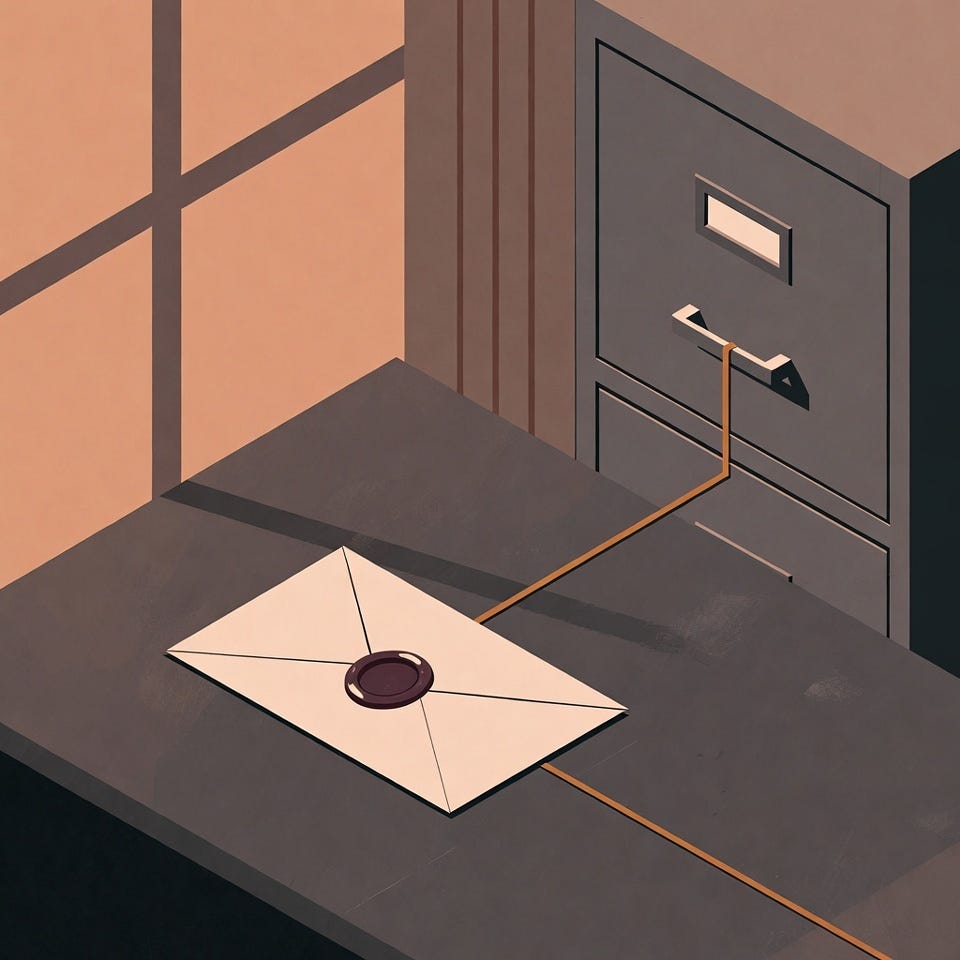 Editorial illustration, conceptual, isometric perspective, muted earth tones, flat shading, geometric lighting, mid-century modern, minimalist, New Yorker style, no text. A sealed envelope on a desk with a visible wax stamp, connected by a thin amber line to a filing cabinet in the background. The line traces a clear path — provenance made visible. Warm greys, dusty terracotta, architectural framing, faceless, minimalist.