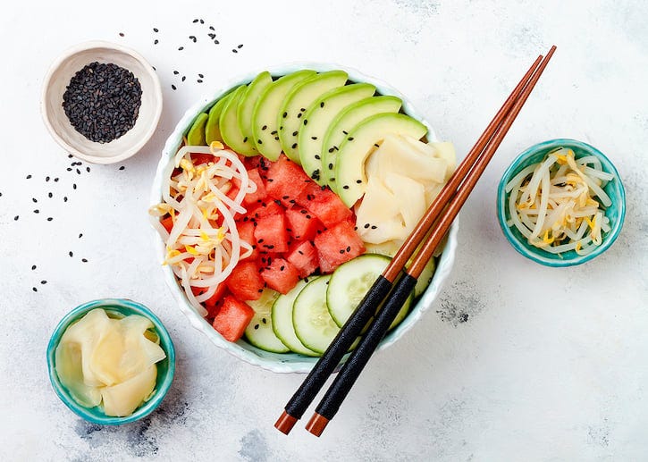 Hawaiian Vegan Poke bowl with ginger, cucumber, avocado