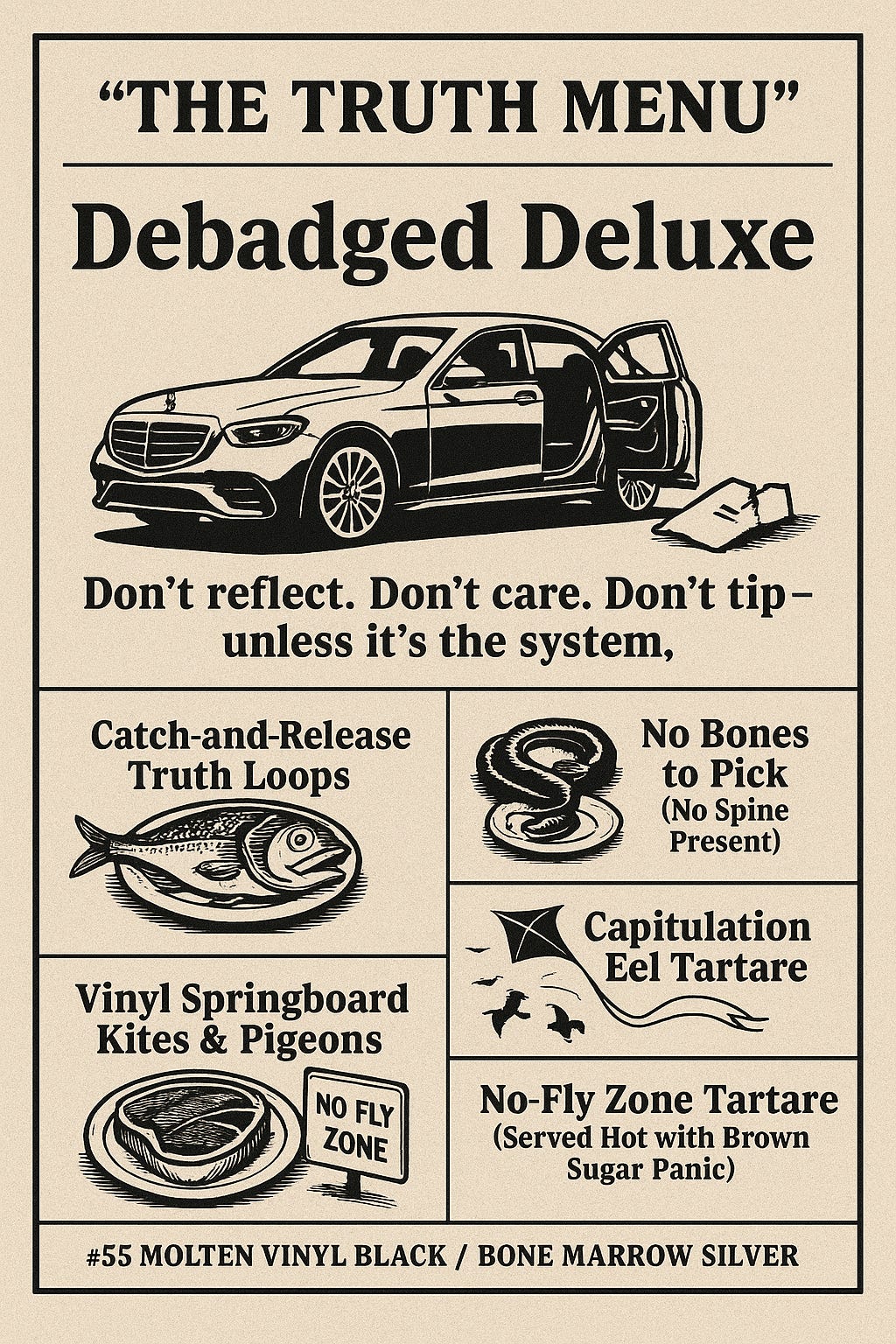 Illustrated satirical menu titled “The Truth Menu: Debadged Deluxe,” featuring a luxury car with removed branding and several menu-style panels labeled with metaphorical items such as “Catch-and-Release Truth Loops,” “No Bones to Pick,” and “Capitulation Eel Tartare,” rendered in a vintage editorial style.