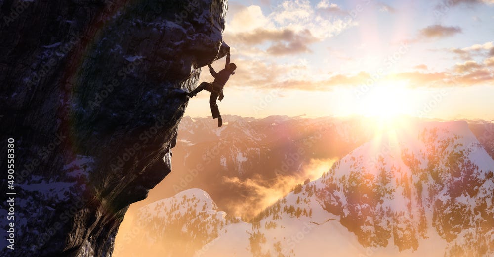 Adult adventurous man Rock Climbing a steep rocky cliff. Extreme adventure  composite. 3d rendering mountain artwork. Aerial background landscape from  British Columbia, Canada. Sunset Sky Stock-illustration | Adobe Stock