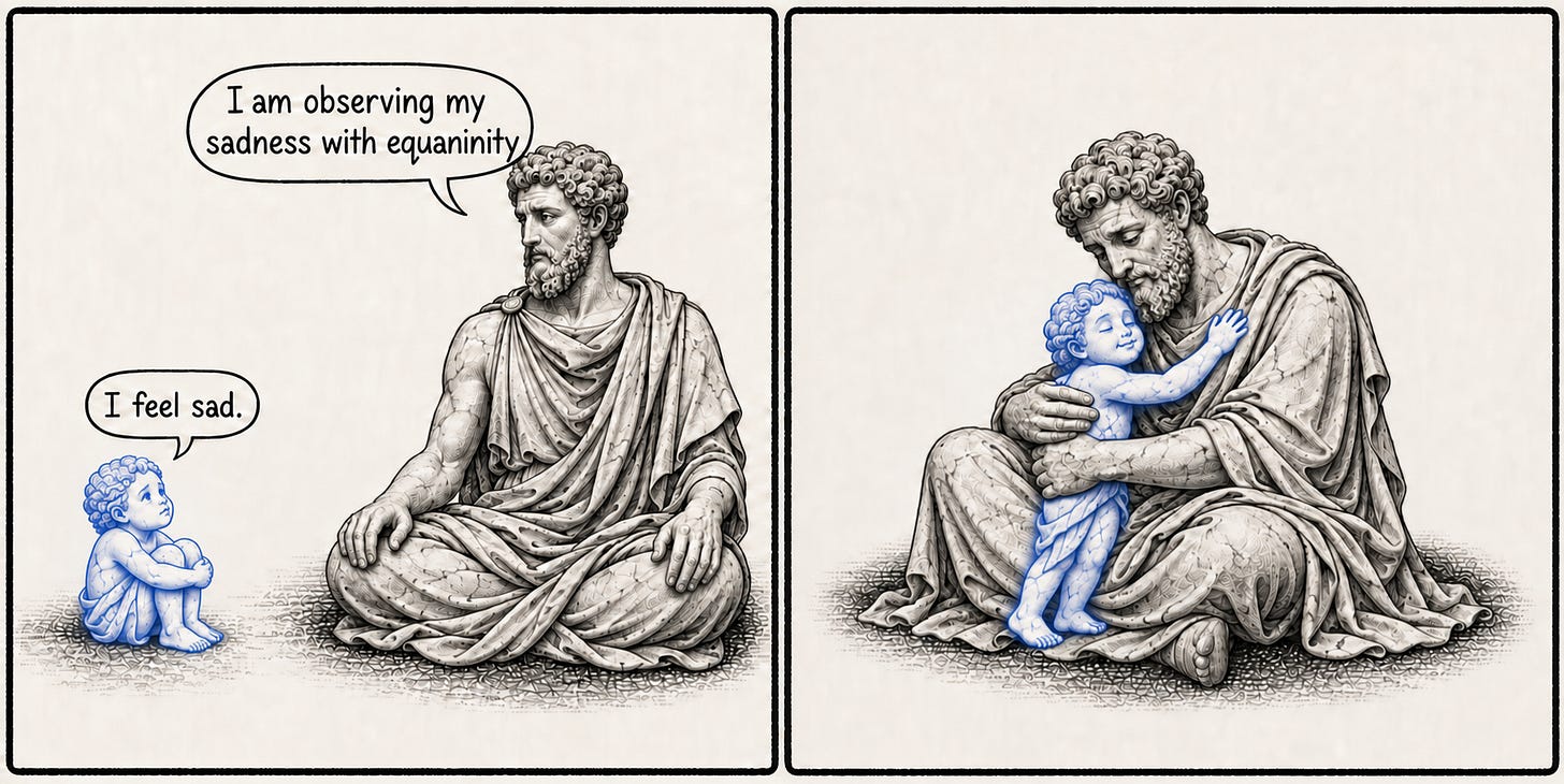 A marble philosopher says I am observing my sadness with equanimity, then embraces a small blue marble figure representing his sadness A marble philosopher says I am observing my sadness with equanimity, then embraces a small blue marble figure representing his sadness