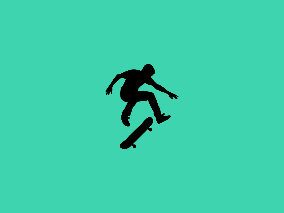 Teal background with a black skateboarder silouette
