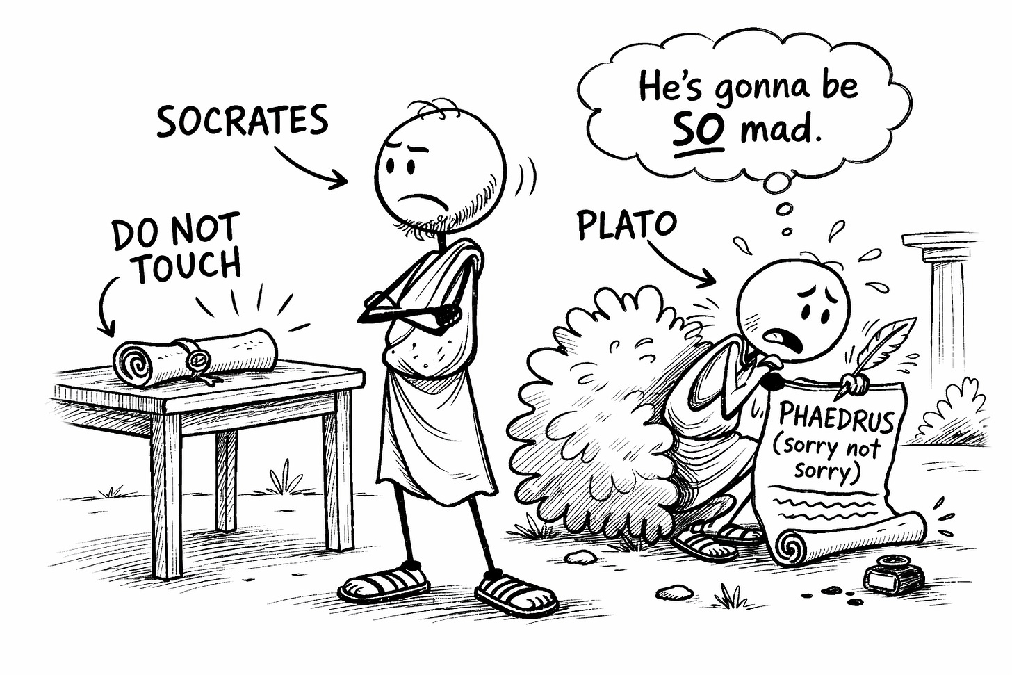 Hand-drawn black and white illustration of Socrates refusing to write while Plato secretly transcribes his philosophy behind a bush, illustrating history's first ghostwriting gig and the original argument against new content creation tools Hand-drawn black and white illustration of Socrates refusing to write while Plato secretly transcribes his philosophy behind a bush, illustrating history's first ghostwriting gig and the original argument against new content creation tools