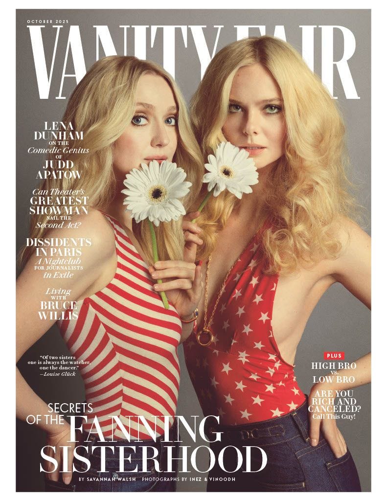 Dakota Fannings and Elle Fannings bodysuits by Brody jeans by Citizens of Humanity. Dakotas watch by Omega. Elles...