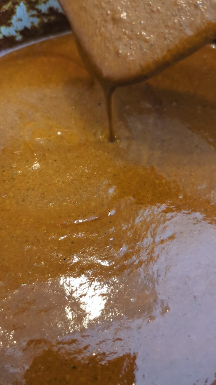 A batch of mole I made. The 10 ingredients it took me to make that batch.