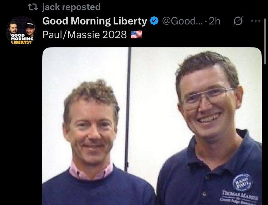 May be an image of 2 people and text that says 'jack 29.5K posts Posts … Replies Highlights Videos Photos GOOD MORNI MORNIN LIBERTY! LIBER jackreposted GoodMorningLiberty Good Morning Liberty Paul/Massie 2028 @Good...•2h ЛиMARMaBx MAS npИoMAR M M Ceeep ៃ.ៃ 780 945 1|8.3K'