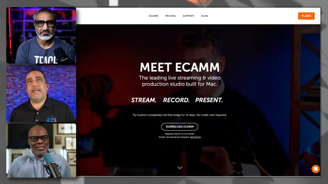 Ecamm Live eCam homepage slide reading “MEET ECAMM” with a “DOWNLOAD ECAMM” button