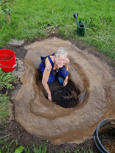 Stages of pond digging and filling with water