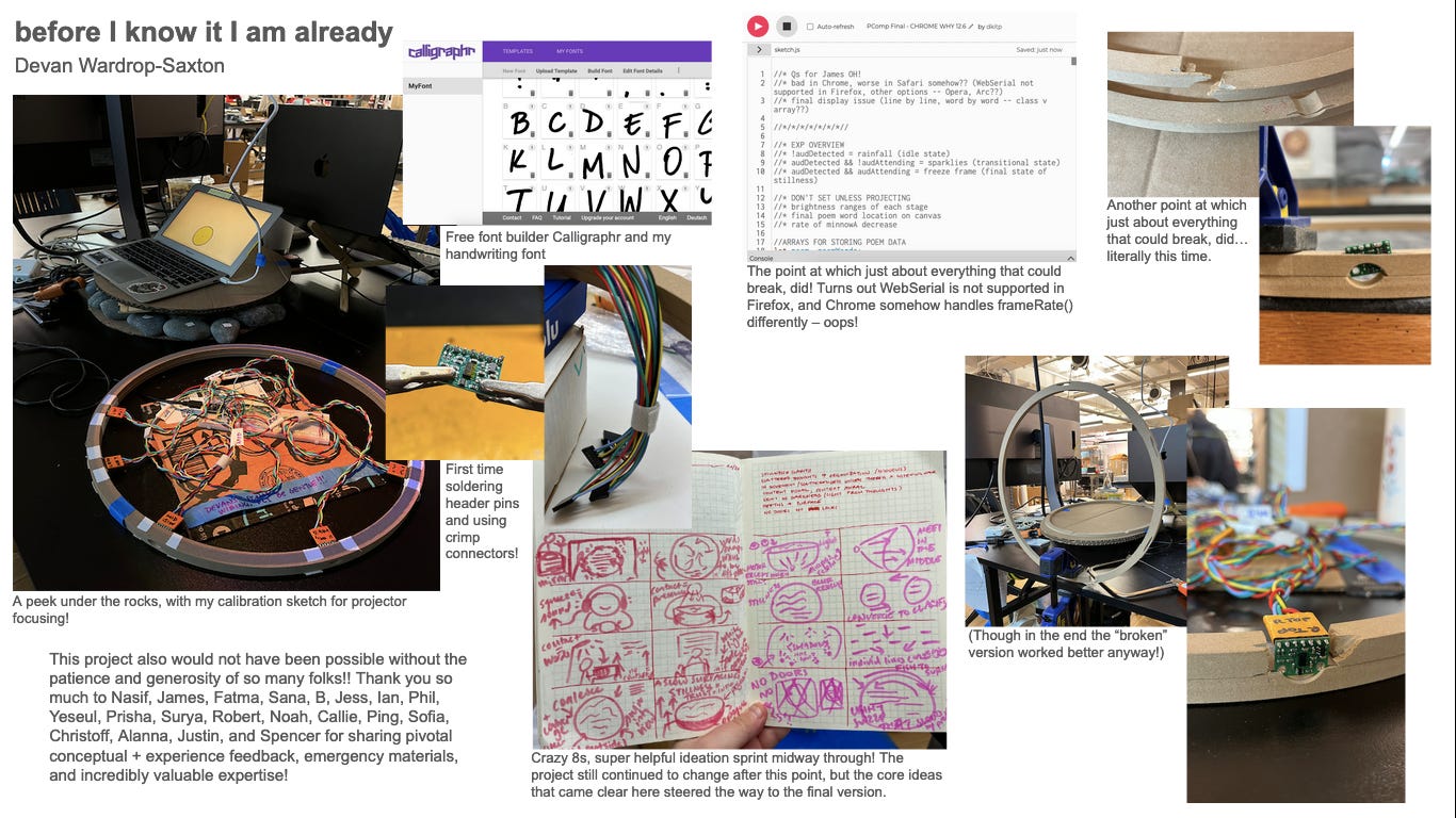A slide from my final presentation for "before I know it I am already," with progress images A slide from my final presentation for "before I know it I am already," with progress images