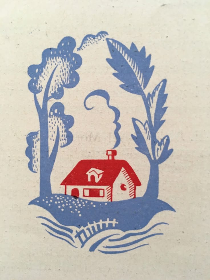 This may contain: a blue and red drawing of a house in the middle of water with trees around it This may contain: a blue and red drawing of a house in the middle of water with trees around it