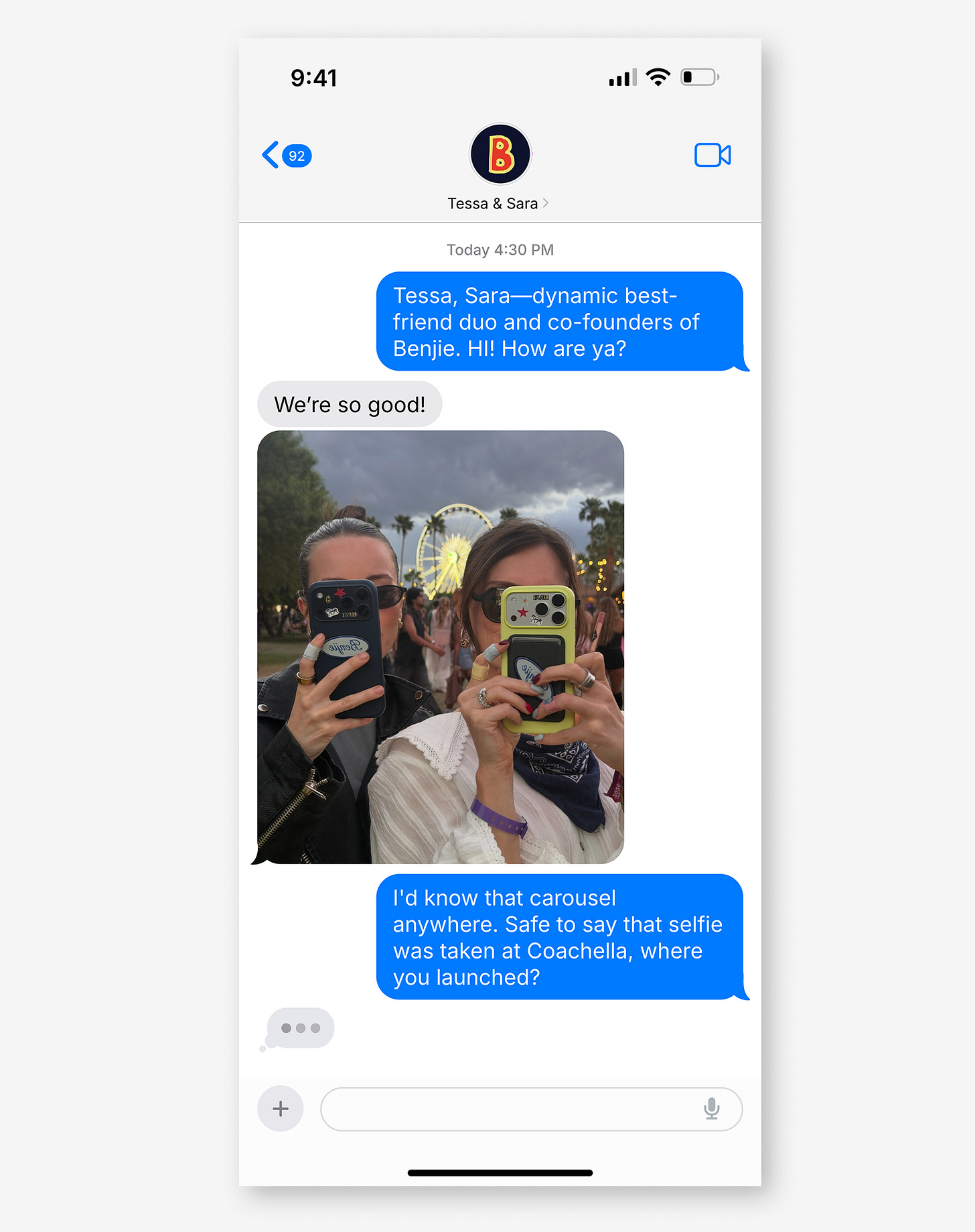iPhone text conversation with Benjie founders Tessa and Sara, including a selfie of the pair at Coachella holding up phones and wearing  bandages.