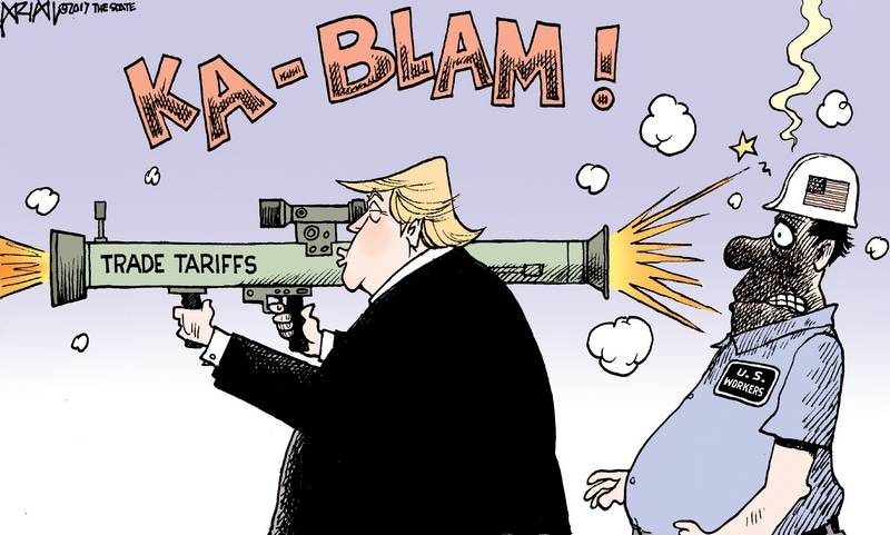 Trump holds a rocket launcher labeled TRADE TARRIFS. When he fires it, Ka-Blam!, it backfires into the face of US WORKERS who stand behind Trump. 