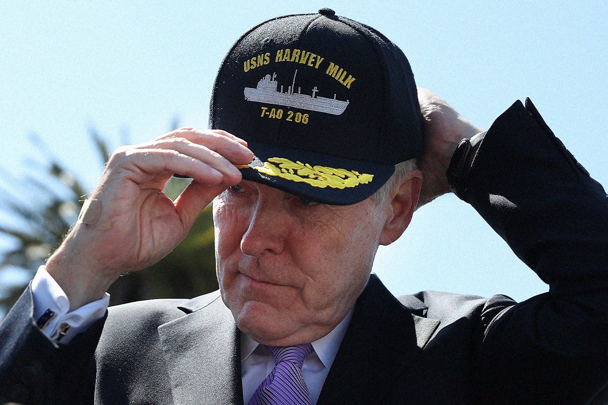 U.S. secretary of the Navy Ray Mabus puts on a hat for the new USNS Harvey Milk during a ship naming ceremony on August 16, 2016 in San Francisco, California.