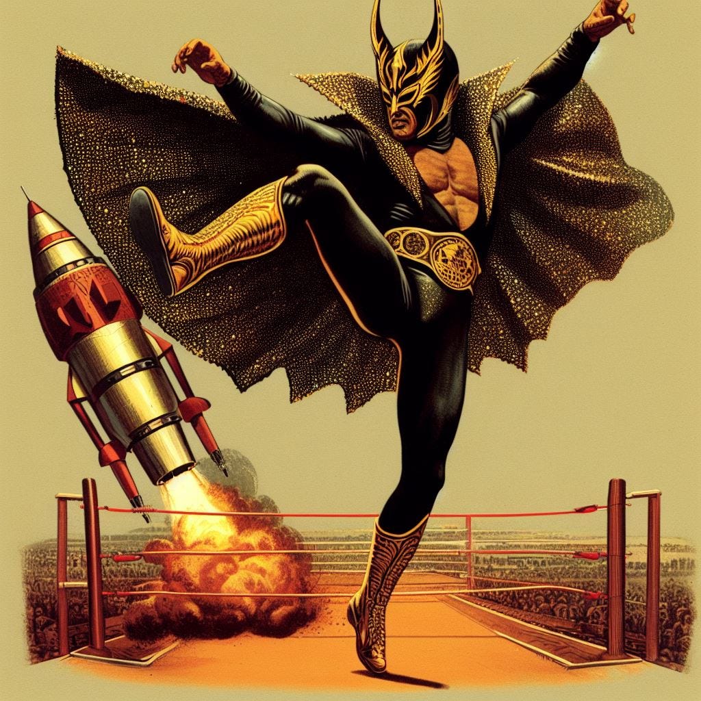 a tasteful french illustration from the 1970s of a chryselephantine hallucinatory haunted photograph of a forgotten memory of an elegant and chiic projection of a thin lithely muscular man puroresu junior heavyweight cruiserweight pro wrestler performing a missile dropkick wearing stylish black glittering wrestling ring jacket a black bodysuit gold boots and an angular horned mask like a space emperor version of jushin thunder lyger