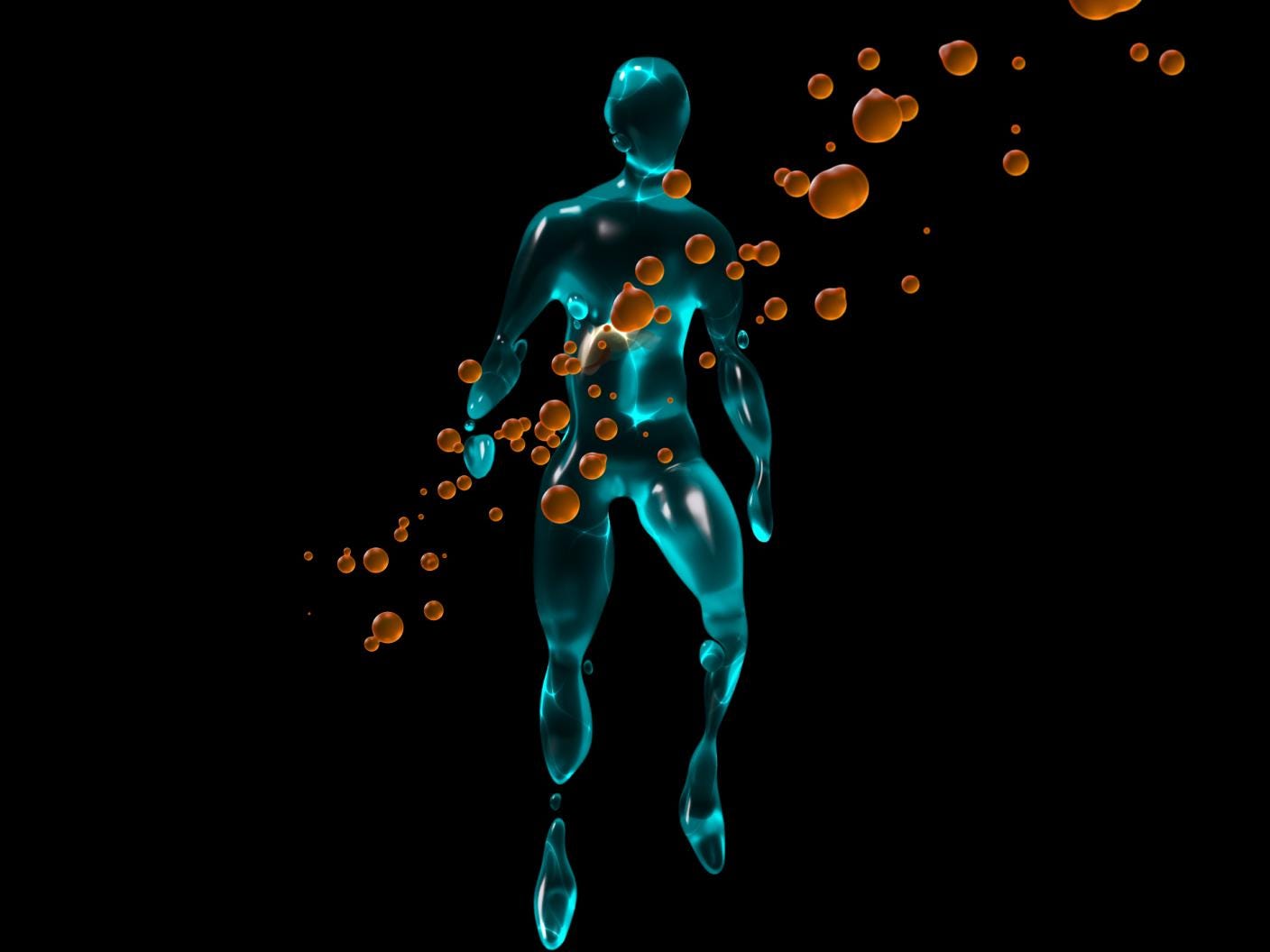 Still 3D rendering. We see a semi-long shot of a petrol-colored, fluid body with human outlines, representing a digital patient twin. Orange bubbles, symbolizing a stream of data, fly through the image towards the body.