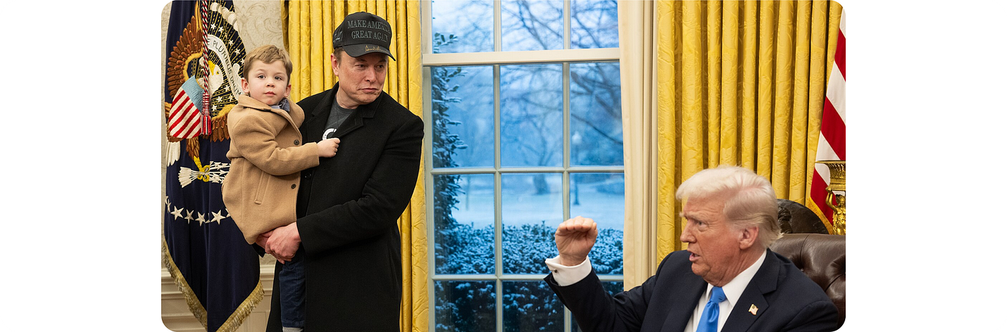 Le président Donald Trump signe des décrets en présence d'Elon Musk et de son fils le mardi 11 février 2025 dans le Bureau ovale de la Maison-Blanche.