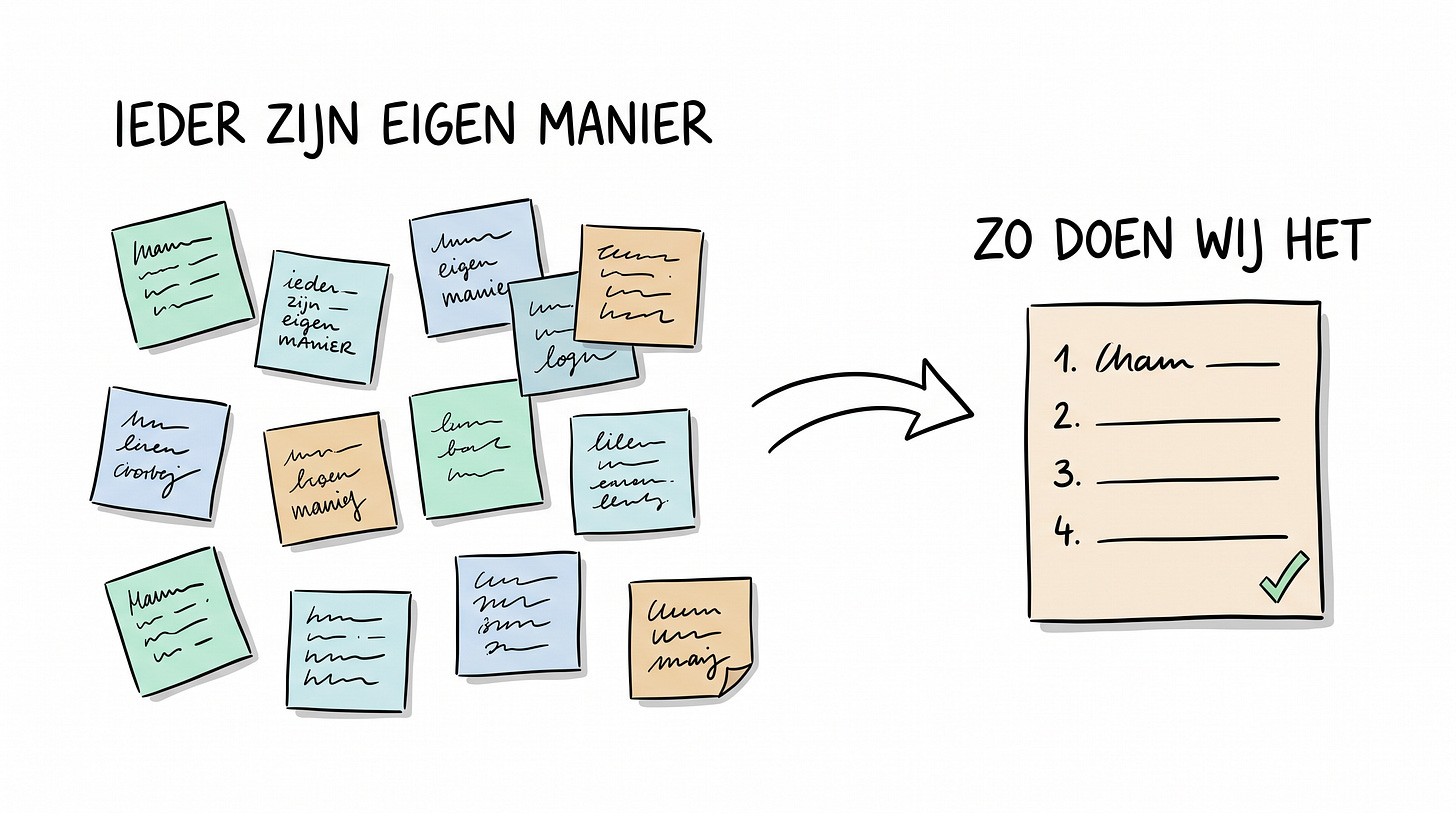 Whiteboardschets met twaalf kaartjes in twaalf verschillende handschriften naast één kaart waarop dezelfde stappen in één handschrift staan Whiteboardschets met twaalf kaartjes in twaalf verschillende handschriften naast één kaart waarop dezelfde stappen in één handschrift staan