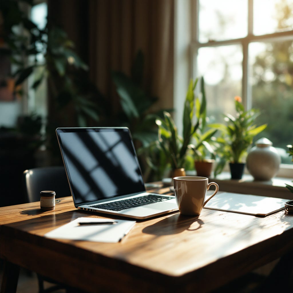 Sun shining on a writing desk and laptop