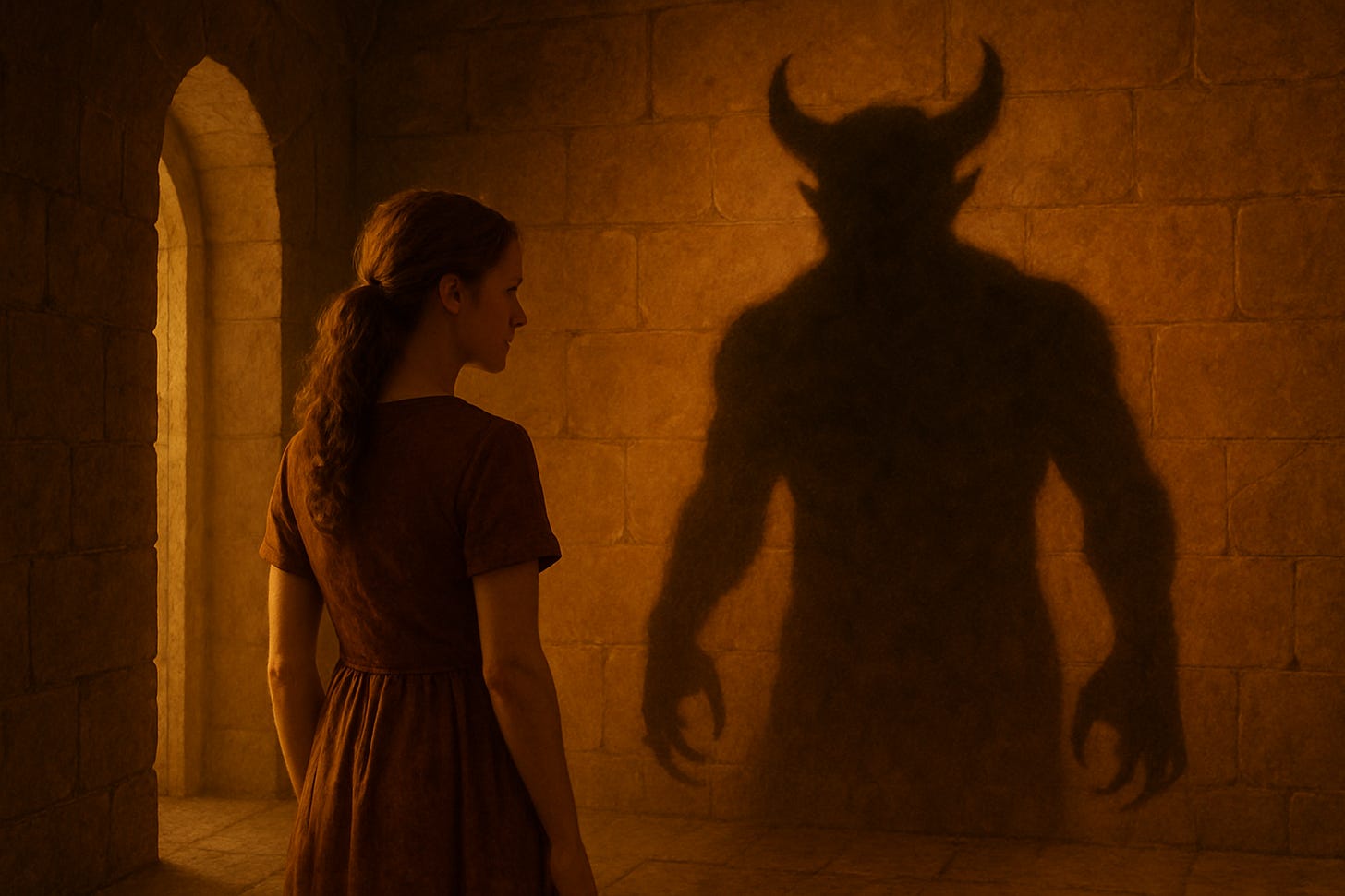 Woman faces a wall where her shadow appears as a horned beast, symbolizing inner fears or the Jungian shadow.