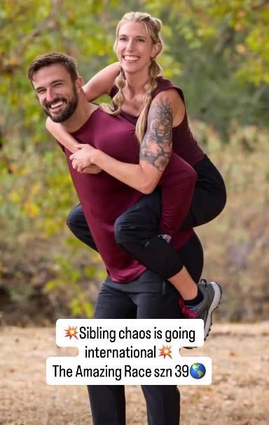 May be an image of one or more people, beard, people smiling and text that says '#Sibling chaos #Siblingchaosisgoing is going international The Amazing Race szn 39'