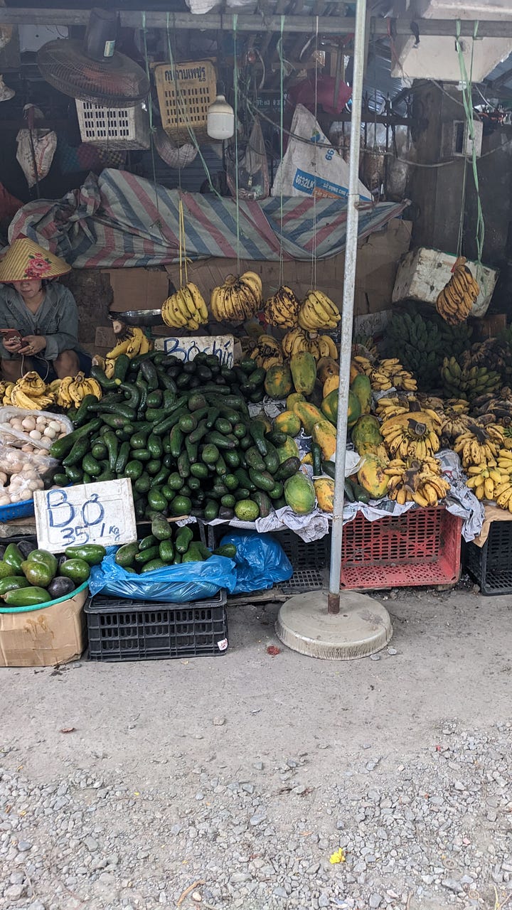 four market scenes: vendors, street produce, fried tofu, table of produce