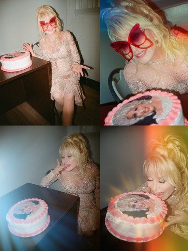 Parton wears her own custom dress by Steve Summers; Marc Jacobs sunglasses; Chopard earrings and rin...