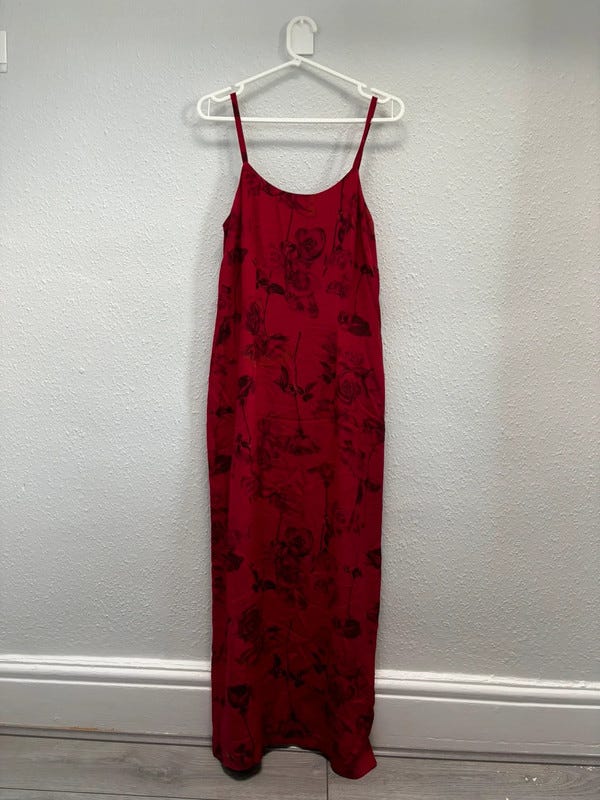 red rose maxi slip dress Laura Ashley slit on back 1 red rose maxi slip dress Laura Ashley slit on back 1