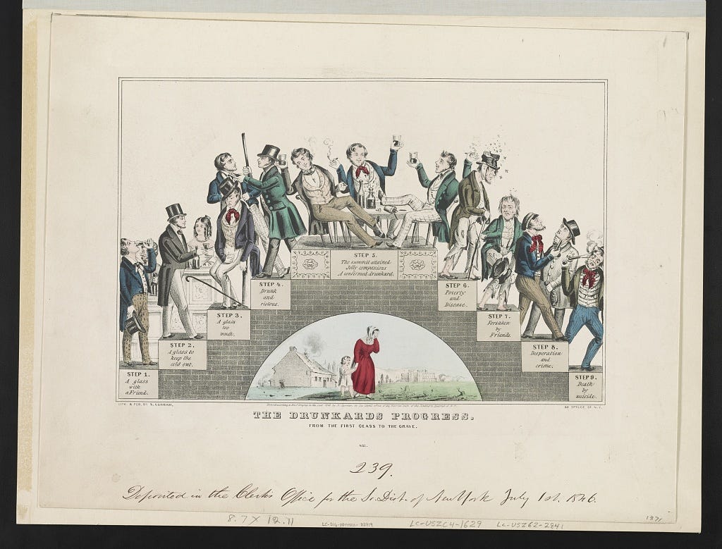 Hand-colored 1846 temperance lithograph showing a nine-step archway charting a man’s descent from “a glass with a friend” through poverty, crime, ruin, and death. Hand-colored 1846 temperance lithograph showing a nine-step archway charting a man’s descent from “a glass with a friend” through poverty, crime, ruin, and death.