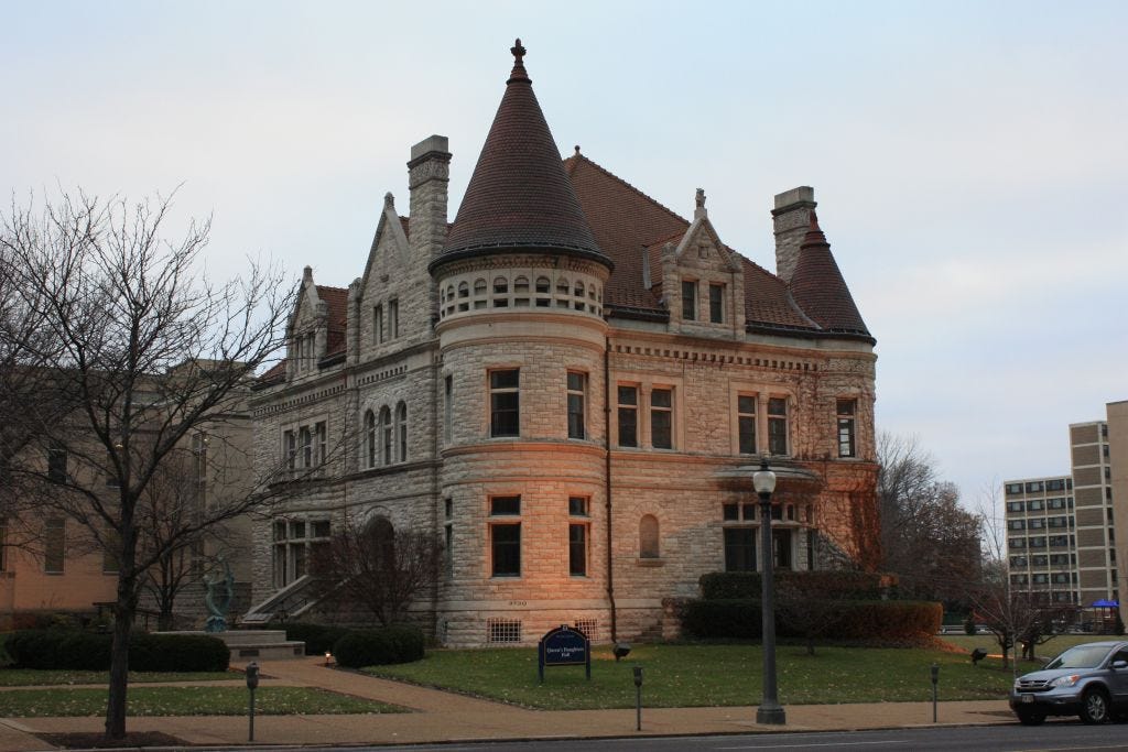 Romaneque-style mansion with turrets and large hewn stones. Romaneque-style mansion with turrets and large hewn stones.