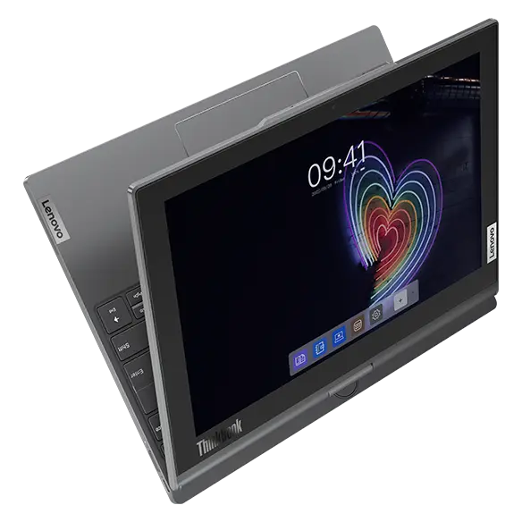 Lenovo ThinkBook Plus Gen 4 (13″ Intel) 2-in-1 laptop—front-left view, balanced on one corner, in E-paper mode, with a menu on the display